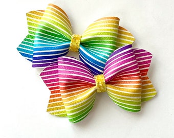 Lucky Rainbow Stripes Print Faux Leather + Glitter Hair Bow // St Patricks Day Hair Clip Headband // Large Girls Baby Toddler Bow