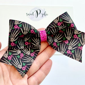 Creepily Cute Halloween Skeleton Hands Print XL Ribbon + Glitter Hair Bow // Halloween Girls Newborn Baby Toddler Bow