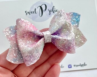 Pink White + Purple Iridescent Rainbow Tie Dye Chunky Glitter Hair Bow // Summer Spring Hair Clip Headband // Large Girls Newborn Toddler