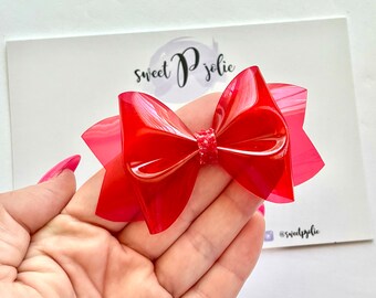 Bright Red Transparent Jelly + Glitter Hair Bow // Summer Pool Bow Water Resistant Headband Hair Clip // Large Girls Mini Baby Bow