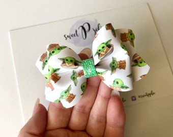 Baby Yoda Inspired Toss Print Faux Leather + Glitter Hair Bow // Disney Inspired Print Hair Clip Headband