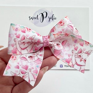 Marie Inspired Bright Pink Floral Print XL Ribbon + Glitter Hair Bow // Disney Character Print Hair Bow Headband
