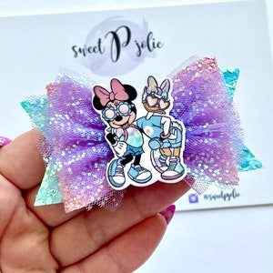 Retro Minnie & Daisy Inspired Center Tulle + Glitter Double Layer Hair Bow // Character Cartoon Girls Kids Hair Bow Hair Clip Headband