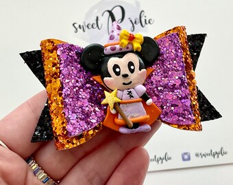 LIMITED Halloween Minnie Mouse Inspired Clay Center + Glitter Hair Bow // Halloween Girls Bow Hair Clip Headband