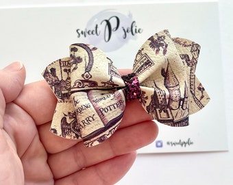Wizard Map Inspired Print Faux Leather + Glitter Hair Bow // Character Inspired Print Hair Clip Headband Large Girls Hai