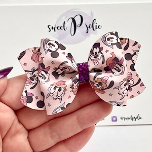 Muted Disney Inspired Characters in Costumes Halloween Print Faux Leather + Glitter Hair Bow //  Halloween Headband Hair Clip Girls Headband