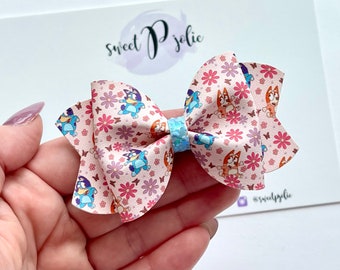 Blue Dog Family Inspired Pink Floral Print Faux Leather + Glitter Hair Bow // Blue Dog Character Inspired Print Hair Clip Headband