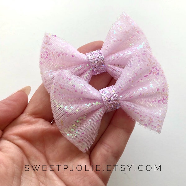 Lilac Glitter Tulle Pigtail Hair Bow Set // Spring Summer Piggie Bows Hair Clips // Pigtail Bows Mini Bows Baby Toddler Bow