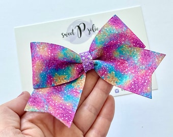 Neon Watercolor Rainbow Sparkles Print XL Ribbon + Glitter Hair Bow // Rainbow Tie Dye Watercolor Summer Print Hair Bow Headband Big Bow