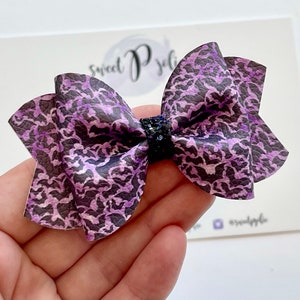 Halloween Spooky Bats Print Faux Leather + Glitter Hair Bow //  Halloween Headband Hair Clip // Girls Toddler Bow Headband