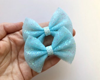 Light Blue Glitter Tulle Pigtail Hair Bow Set // Summer Piggie Bows Hair Clips // Pigtail Bows Mini Bows Baby Toddler Bow