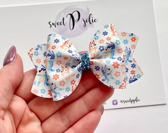 Blue Dog Family Inspired Spring Floral Print Faux Leather + Glitter Hair Bow // Blue Dog Character Inspired Print Hair Clip Headband