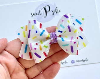 Vanilla Rainbow Sprinkles Print Jelly + Glitter Hair Bow // Girly Summer Swim Pool Bow Hair Clip Headband // Girls Newborn Baby