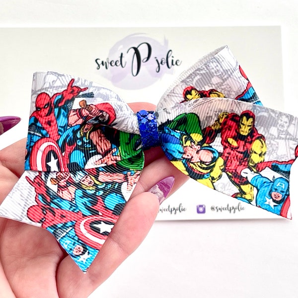 Marvel Inspired Illustration Print XL Ribbon + Glitter Hair Bow // Disney Disneyland Inspired Hair Bow Headband