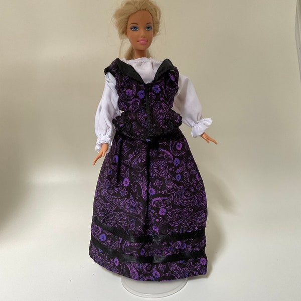 Dark Purple paisley Doll Ensembles for 11.5” dolls, 3 piece, chemise ,vest,skirt,historical