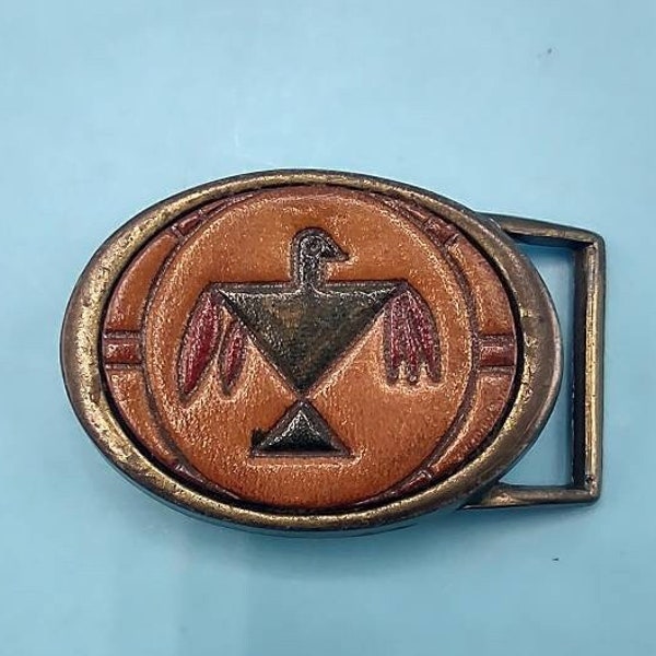 Vintage Native American Bird Leather Brass Belt Buckle