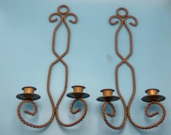Boho Wall Sconce Gold Twisted Rope Scrolled Candle Holders Pair Home Interiors