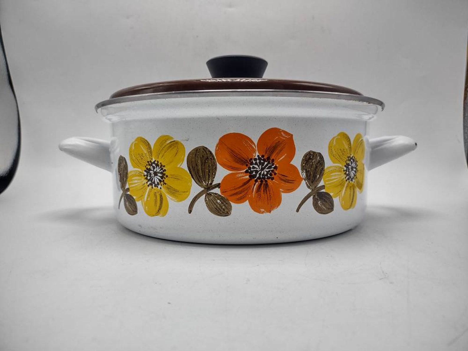 Vintage Enamel Pot Austria Email Orange Yellow Flowers with Etsy