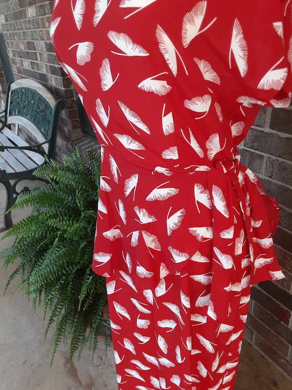 Ginkgo Leaf Print Red Dress  1980s - image 3