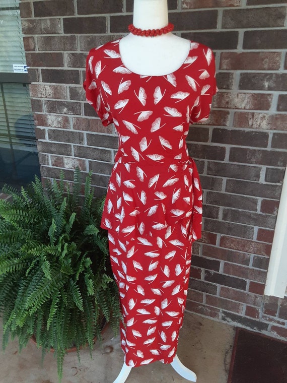 Ginkgo Leaf Print Red Dress  1980s - image 1