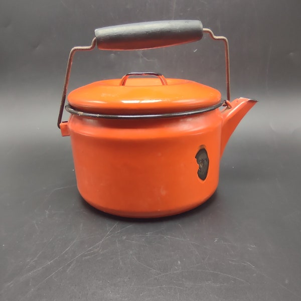 Orange Enamel Tea Kettle  Halloween Colors 1970s