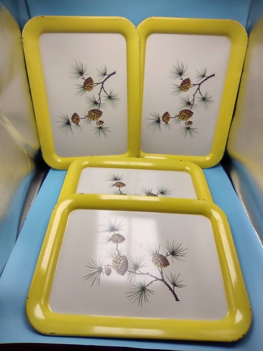 Vintage Metal TV Lap Trays Yellow Pinecones Cheerful Set of 4 Etsy