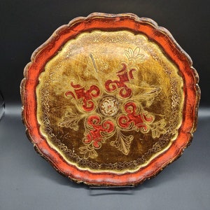 Vintage Italy Florentine Red Gold Round Tray