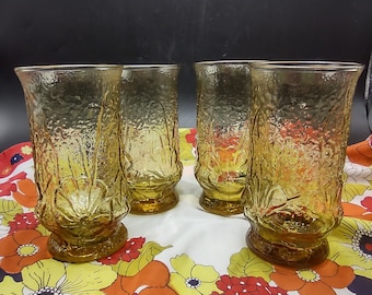 Pair Glass Tumblers Libbey Rain Flower Boho 1970s