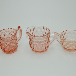 Jeanette Pink Glass Cubist geometric Glass Collection. Creamer and Sugar Bowls. 1950s kitchen