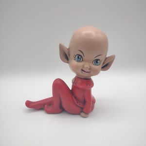 Red Ceramic Pixie Elf Figurine Mid Century Kitsch