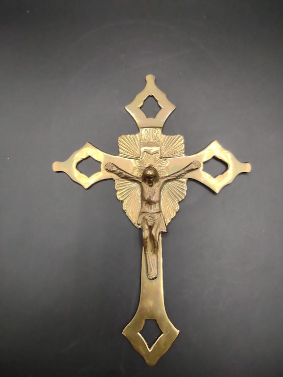 Vintage Brass INRI  Crucifix Wall Hanging Religious Iconography Catholicism