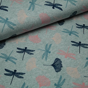 Cotton jersey jersey miss by Julie dragonflies flowers on grey mottled