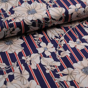 Cotton stretch Burda Style flowers striped on blue red