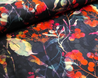Jersey viscose leaves berries on dark blue