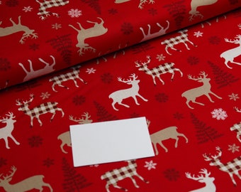 Cotton Woven Christmas Reindeer Snowflakes on red