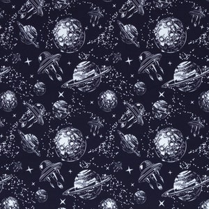 Sueur Français Terry Sueur d’été Swafing Levi Galaxy Rockets Saturn on Dark Blue