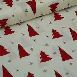 Cotton Woven Christmas Fir Trees Stars on cream white