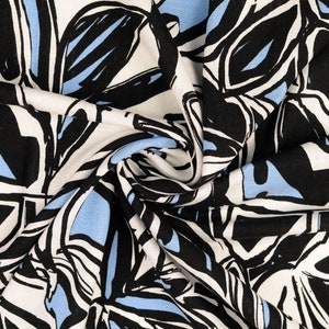 Viscose linen mix woven fabric leaves flowers abstract blue black on cream white