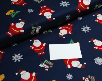 Cotton Woven Christmas Santa Clauses on blue