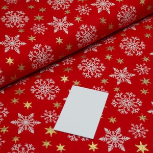 Cotton Woven Christmas Snowflakes Stars white gold on red