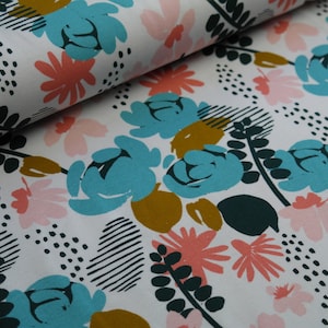 Cotton Jersey Miss by Julie Leaves Flowers on white