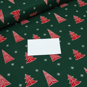 Cotton Woven Christmas Fir Trees Stars on Green