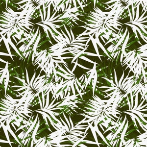 Könnte beinhalten: Ein nahtloses Muster mit weißen Palmblättern auf dunkelgrünem Hintergrund. Die Blätter sind übereinander gelegt und überlappen sich, wodurch ein dichter und tropischer Look entsteht.