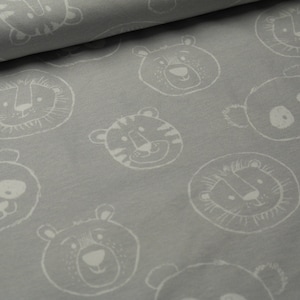 May include: Grey fabric with a white repeating pattern of animal faces, including a tiger, lion, panda, and bear.