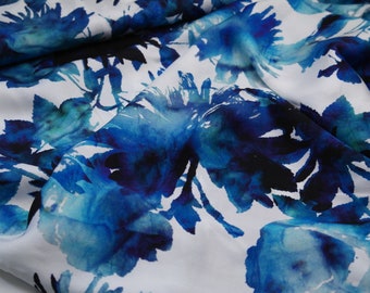 Viskose Webware Hilco Malte Blumen blau auf weiß