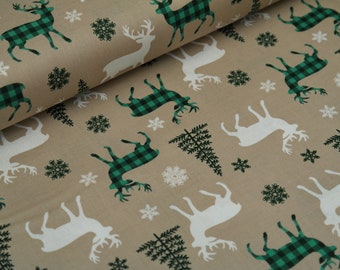 Cotton Woven Christmas Reindeer Snowflakes on beige