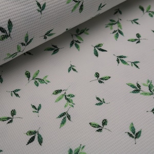 Cotton Jersey Waffle Leaves Green on White