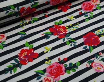 Cotton jersey flowers on navy white striped