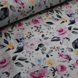 Jersey Viscose Crepe Miss by Julie Watercolor Roses on White