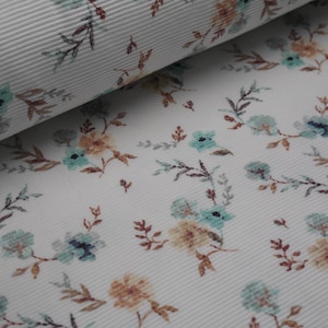 Jersey Ottoman Ripp Blumen Blätter beige mint auf weiß